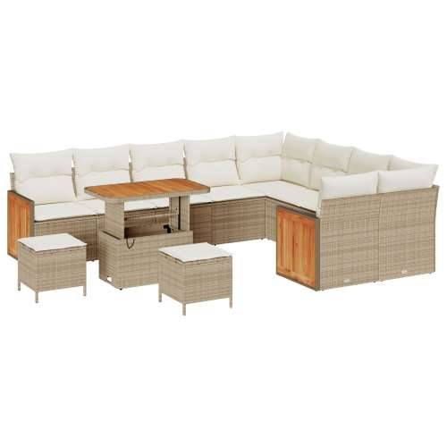 Set od 12 Dijelova Vrtni Sofa Set s Jastučićima Bež Poli Ratan Akacija, 3 Dijelni Vrtni Set sa Jastučićima Bež Poli Ratan Akacij Cijena
