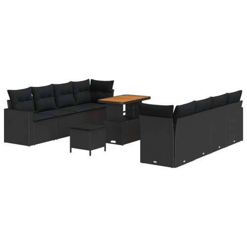 11-dijelni vrtni sofa set s jastučićima Crni Poli Ratan Akacija, Vrtna garnitura - 3-dijelni vrtni blagovaonski set s jastučićim Cijena