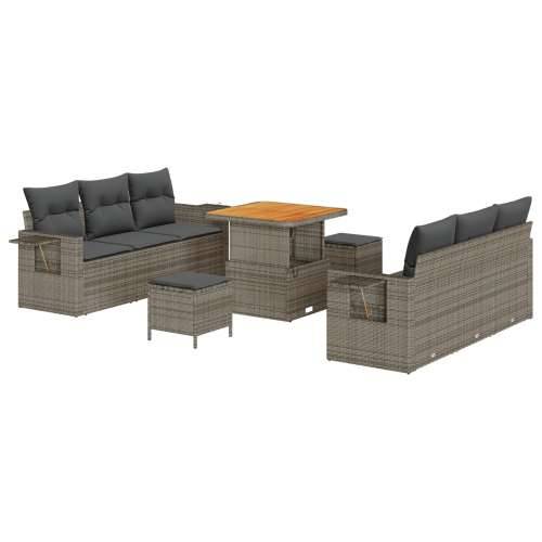 9 Komada Vrtna Sofa Set s Jastucima Siva Poli Ratan Akacija, 3 Komada Vrtni Blagovaonski Set s Jastucima Siva Poli Ratan Akacija Cijena