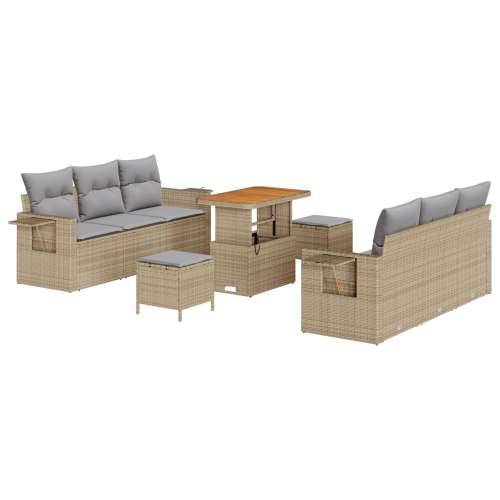 9 Dijelni Vrtni Sofa Set s Jastucima Bež Poli Ratan Akacija, 3 Dijelni Vrtni Set za Jelo s Jastucima Bež Poli Ratan Akacija Cijena
