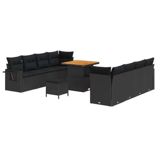 Set vrtnih sofa od 11 dijelova s jastucima, crni poli ratan i akacija, Set vrtnih blagovaonica od 3 dijela s jastucima, crni pol Cijena