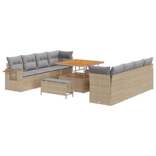 11-dijelni Vrtni Sofa Set s Jastucima Bež Poli Ratan Akacija, 3-dijelni Vrtni Set za Jelo s Jastucima Bež Poli Ratan Akacija Cijena