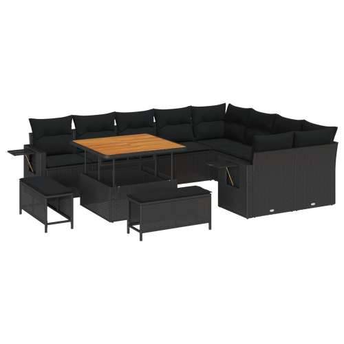 set vrtnih sofa od 12 komada s jastučićima Crna Poli ratan Acacia, 3-dijelni vrtni blagovaonski stol i stolice s jastučićima Crn Cijena
