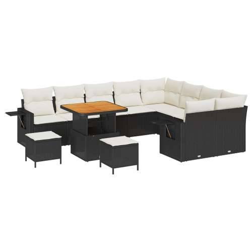 12-dijelni vrtni sofa set s jastučićima crni poli ratan akacija, Vrtna garnitura - 3-dijelni vrtni blagovaonski set s jastučićim Cijena