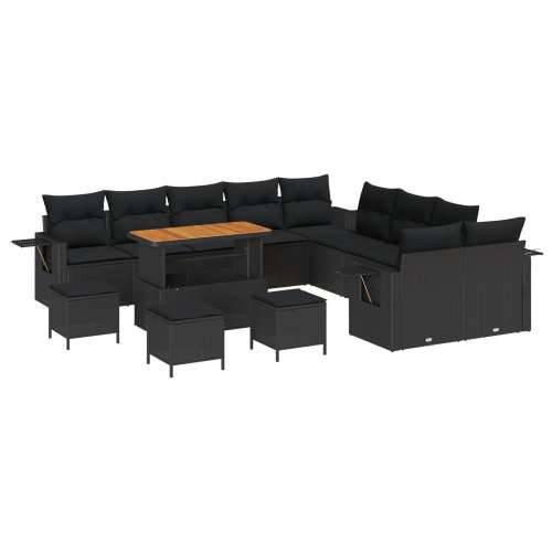 14-dijelni set sofa za vrt s jastučićima crni poli ratan akacija, 4-dijelni set blagovanja za vrt s jastučićima crni poli ratan  Cijena