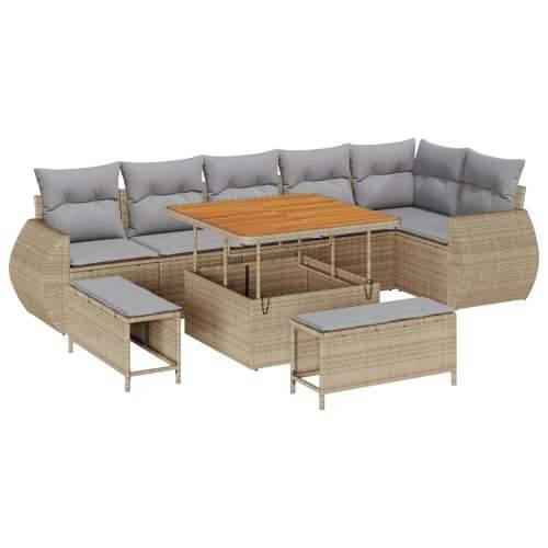 9 dijelni vrtni sofa set s jastucima bež poli ratan akacija, 3 komada vrtni blagovaonski stol i stolice s jastucima bež poli rat Cijena