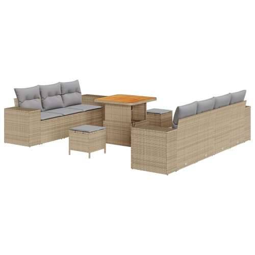 10-dijelni vrtni sofa set s jastučićima bež poli ratan akacija, 3-dijelni vrtni blagovaonski stol i stolice s jastučićima bež po Cijena