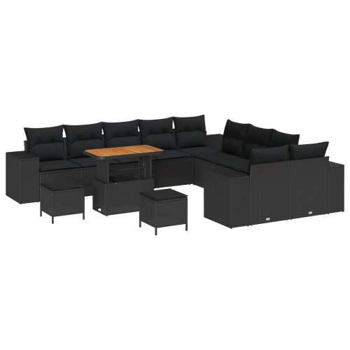 Set od 13 komada Vrtni Sofa s Jastučićima Crni Poli Ratan Akacija, 3-dijelni Set Vrtne Trpeze s Jastučićima Crni Poli Ratan Akac Cijena