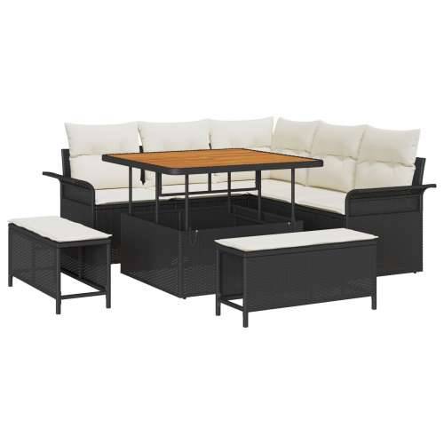 8 komadni vrtni sofa set s jastučićima crni poli ratan akacija, 2-sjedalna vrtna sofa s pohranom i jastučićima crni poli ratan,  Cijena