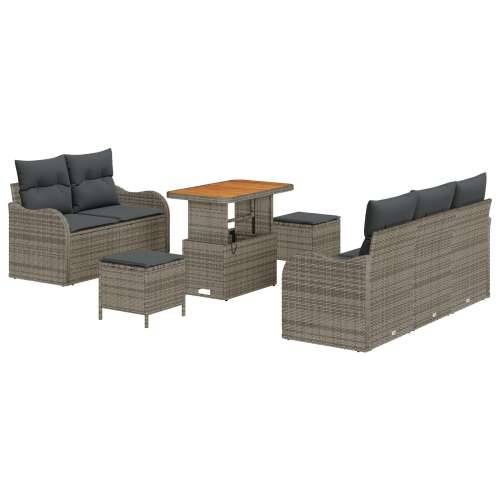 Set Vrtnih Sofa od 8 Dijelova s Jastučićima Siva Poli Ratan Akacija, 2-Sjedalna Vrtna Sofa s Pretincem & Jastučićima Siva Poli R Cijena