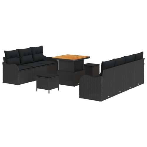Vrtna garnitura - 10-dijelni set vrtnih sofa s jastučićima crni poliratan akacija, 2-sjedna vrtna sofu s prostorom za pohranu i  Cijena