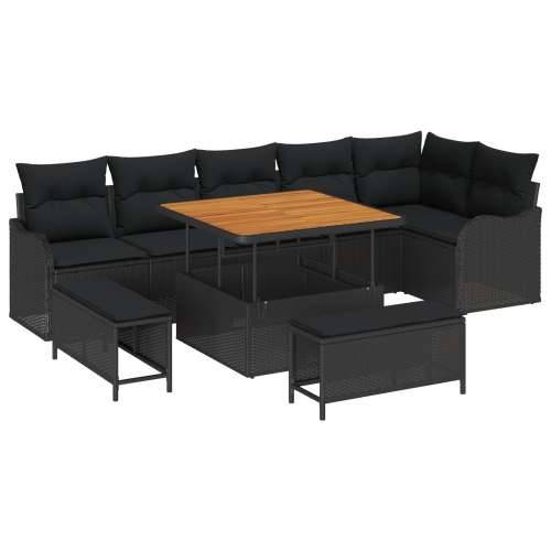 Set vrtnih sofa s jastučićima crni poli ratan akacija, Dvosjedna vrtna sofa s prostorom za pohranu i jastučićima crni poli ratan Cijena