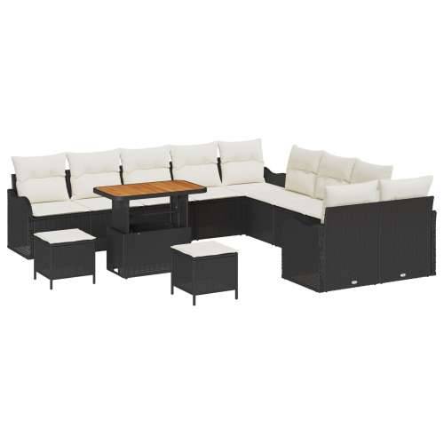 Set od 13 komada vrtnih sofa s jastucima Crni Poli ratan Akacija, 2-sjedalna vrtna sofa s odlaganjem i jastucima Crni Poli ratan Cijena