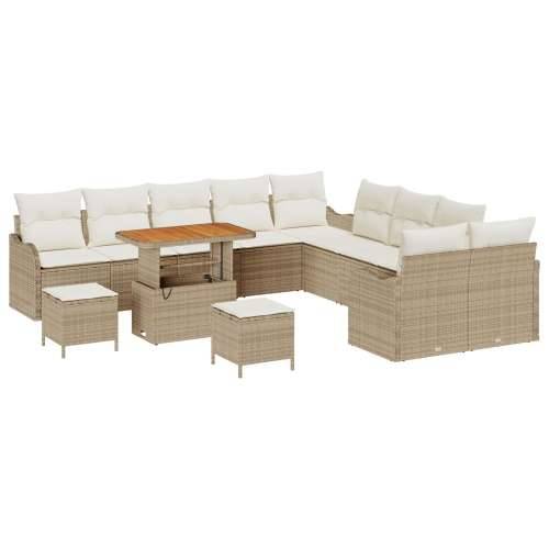 set vrtne sofe od 13 komada s jastucima bež poli ratan akacija, 2-sjedna vrtna sofa s pohranom i jastucima bež poli ratan, set v Cijena