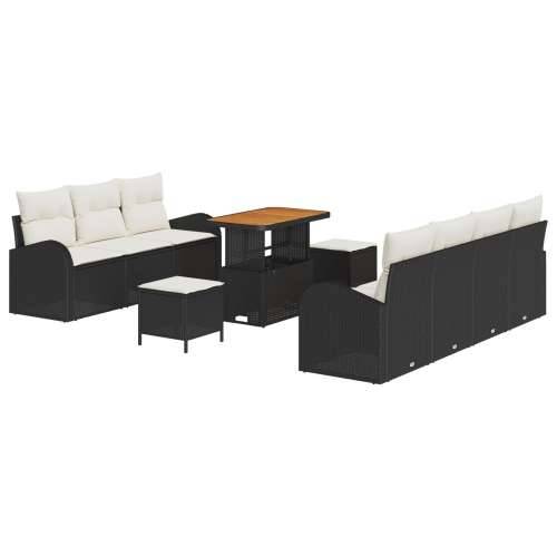 10 komadni vrtni sofa set s jastučićima crni poli ratan akacija, 2-sjedalni vrtni sofa s pohranom i jastučićima crni poli ratan, Cijena