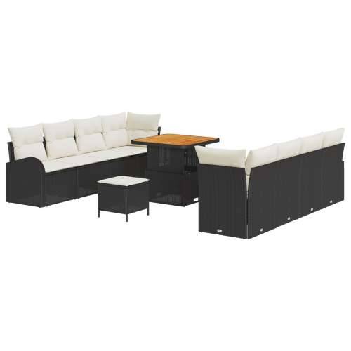 set od 11 dijelova vrtne sofe s jastucima, crni poli ratan, akacija, 2-sjedalna vrtna sofa s skladištem i jastucima, crni poli r Cijena