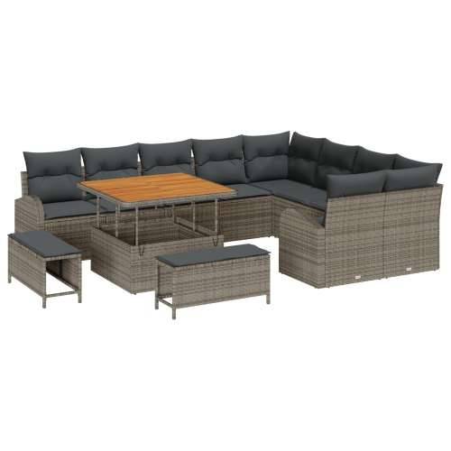 Vrtna garnitura - 12-dijelni set vrtnih sofa s jastučićima siva poly rattan akacija, 2-sjedna vrtna sofa s odlaganjem i jastučić Cijena