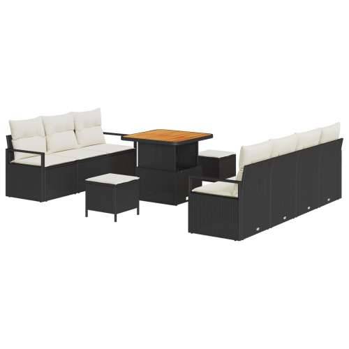 10 komada vrtni set sofa s jastučićima crni poli ratan akacija, 2-sjedalna vrtna sofa s pohranom i jastučićima crni poli ratan,  Cijena