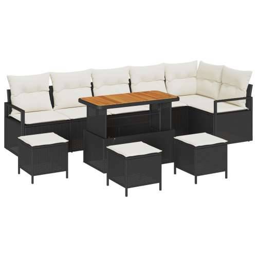 10-dijelni set sofe za vrt s jastuцima crni poli ratan acacia, 2-sjedalna vrtna sofa s odlaganjem i jastucima crna poli ratan, 4 Cijena