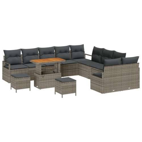 13-dijelni vrtni sofa set s jastučićima Siva Poli ratan Akacija, sofa za dvoje s skladištem i jastučićima Siva Poli ratan, Vrtna Cijena
