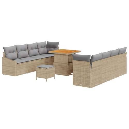 Vrtna garnitura - 11-dijelni set vrtnih sofa s jastučićima bež poli ratan acacia, 2-sjedalo vrtna sofa s prostorom za pohranu i  Cijena