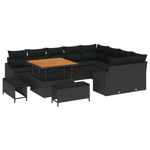 12-dijelni vrtni sofa set s jastučićima crni poli ratan akacija, 2-sjedalna vrtna sofa s prostorom za pohranu i jastučićima crni Cijena
