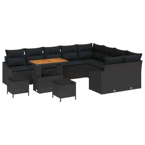 Set vrtnih sofa od 12 dijelova s jastučićima, crni poli ratan akacija, 2-sjedna vrtna sofa sa skladištem i jastučićima, crni pol Cijena