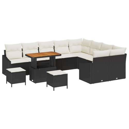set vrtni sofa od 12 dijelova s jastučićima crni poli ratan akacija, 2-sjedni vrtni sofa s pohranom i jastučićima crni poli rata Cijena