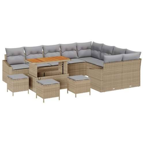 Set Vrtne Soffe s Jastucima Bež Poli Ratan Akacija, Dvosjed Vrtna Sofa s Pohranom & Jastucima Bež Poli Ratan, 4 Dijela Vrtne Trp Cijena