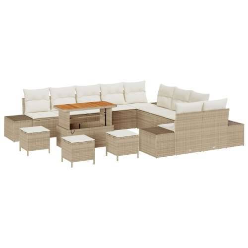 Set od 14 dijelova vrtnih sofa s jastučićima, bež poli ratana, 2-sjedalna vrtna sofa s spremnikom i jastučićima, bež poli ratana Cijena
