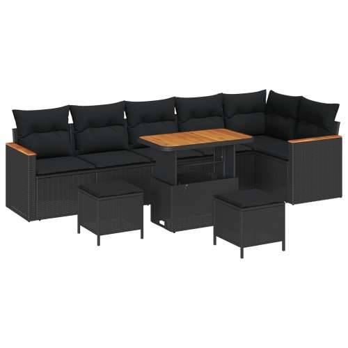 set od 9 komada vrtnih sofa s jastucima Crna Poliratanski materijal Akacija, set od 3 komada vrtne blagovaonice s jastucima Crna Cijena