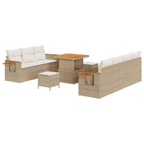 10-dijelni vrtni sofa set s jastučićima bež poli ratan akacija, 3-dijelni vrtni set za blagovanje s jastučićima bež poli ratan a Cijena