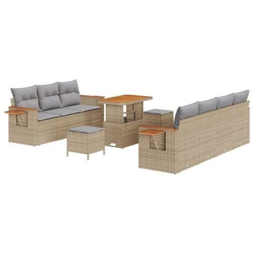 10-dijelni vrtni sofa set s jastučićima u bež poli ratan akaciji, Vrtna garnitura - 3-dijelni vrtni blagovaonski set s jastučići Cijena