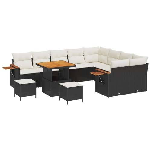 12-dijelni vrtni sofa set s jastučićima crni poli ratan akacija, Vrtna garnitura - 3-dijelni vrtni blagovaonski set s jastučićim Cijena