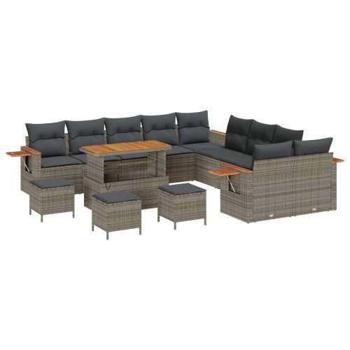 14-dijelni set sofa za vrt s jastucima siva Poli ratan Akacija, 4-dijelni set vrtnih stolova s jastucima siva Poli ratan Akacija Cijena