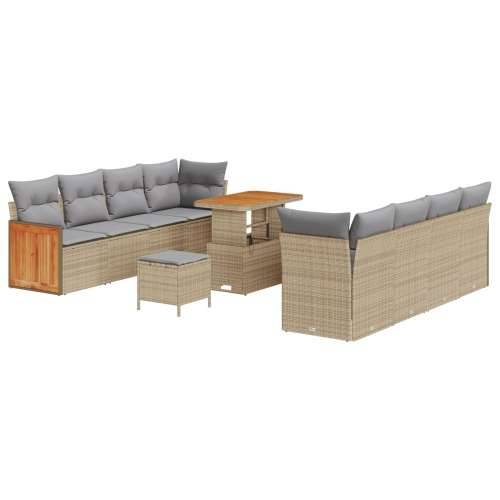 11-dijelni vrtni sofa set s jastučićima Bež Poli Ratan Akacija, Vrtna garnitura - 3-dijelni vrtni blagovaonski set s jastučićima Cijena
