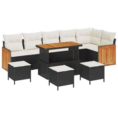 Vrtna garnitura - 10-dijelni set vrtnih sofa s jastucima crni poli ratan akacija, 4-dijelni set vrtnih stolica s jastucima crni  Cijena
