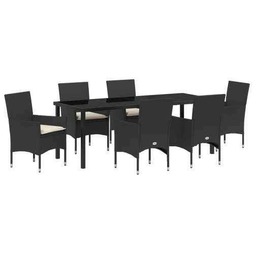 7-dijelni vrtni set za ručavanje s jastučićima crni poli ratan, Vrtni stol crni 200x80x73 cm kaljeno staklo Cijena