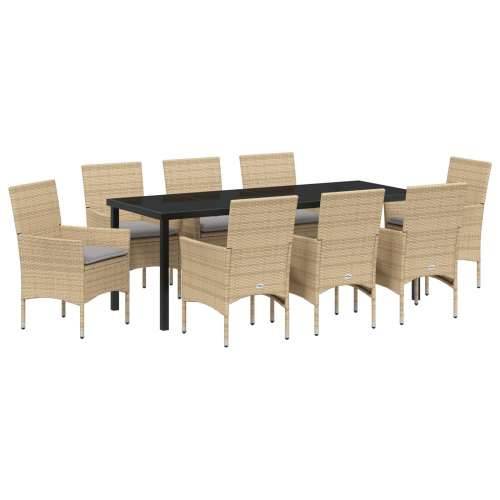 Vrtna garnitura - 9-dijelni vrtni blagovaonski set s jastučićima Bež poli ratan, Vrtni stol Crni 200x80x73 cm Temperirano staklo Cijena