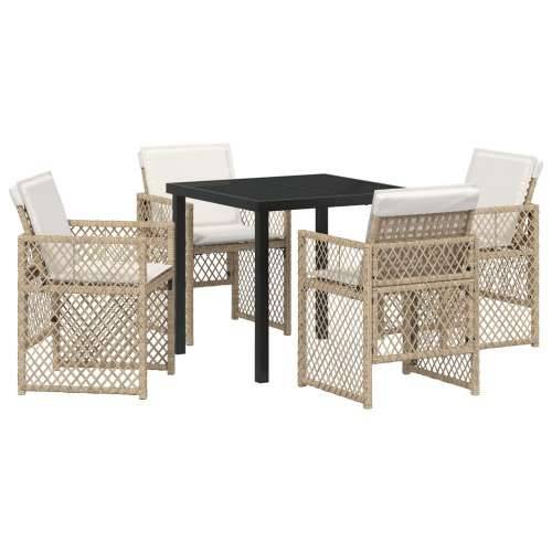 5 Dijelni Vrtni Blagovaonski Set s Jastučićima Bež Poli Ratan, Vrtni Stol Crni 80x80x73 cm Kaljeno Staklo Cijena