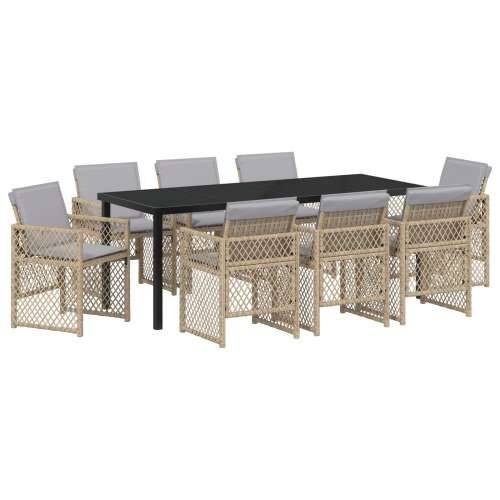 9-dijelni set vrtne blagovaonice s jastučićima bež poli ratan, vrtni stol crni 200x80x73 cm kaljeno staklo Cijena