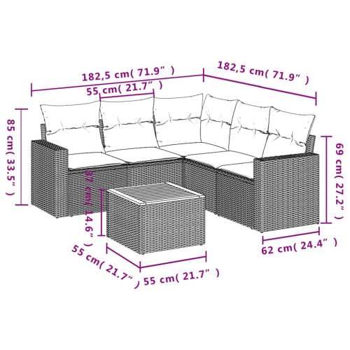 Vrtna garnitura - 6-dijelni set vrtnih sofa od poliratana s jastucima sivi - Siva kutna + 2x srednja + 2x Sofa + stol 1 Cijena