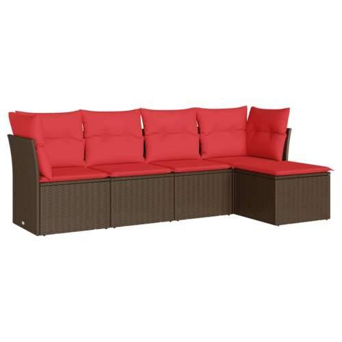 Vrtna garnitura - 5-dijelni set vrtnih sofa s jastucima poliratan smeđi - Smeđe-crvena Bez stola 1 Cijena