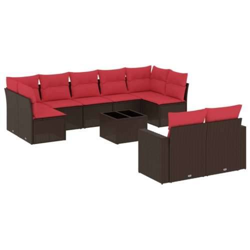 Vrtna garnitura - 10-dijelni set vrtnih sofa od poliratana s jastucima smeđi - Smeđe-crvena Sa stolom 1 Cijena