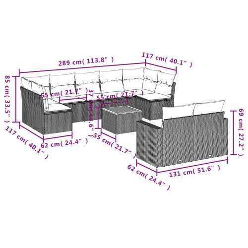 Vrtna garnitura - 10-dijelni set vrtnih sofa od poliratana s jastucima sivi - Siva 2x corner+5x centre+2x sofa+1x garden+11x bac Cijena