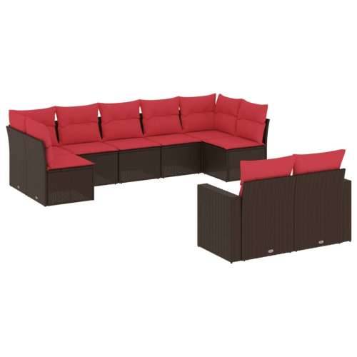 Vrtna garnitura - 9-dijelni set vrtnih sofa s jastucima poliratan smeđi - Smeđe-crvena Bez stola 1 Cijena