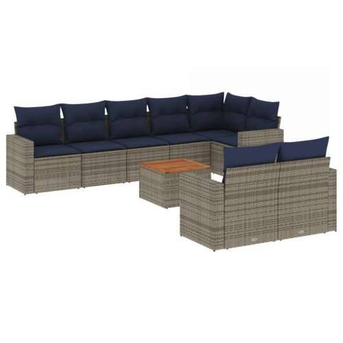 Vrtna garnitura - 9-dijelni set vrtnih sofa od poliratana s jastucima sivi - Siva i plava stol + 3x srednja + kutna 1 Cijena