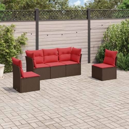 Vrtna garnitura - 5-dijelni set vrtnih sofa s jastucima poliratan smeđi - Smeđe-crvena Bez stola 1 Cijena