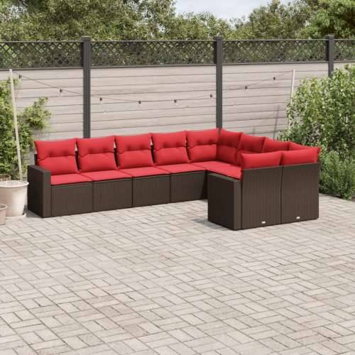 Vrtna garnitura - 9-dijelni set vrtnih sofa s jastucima poliratan smeđi - Smeđe-crvena Bez stola 1 Cijena