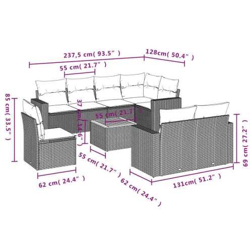 Vrtna garnitura - 9-dijelni set vrtnih sofa od poliratana s jastucima sivi - Siva i plava kutna + stol + 3x srednja 1 Cijena